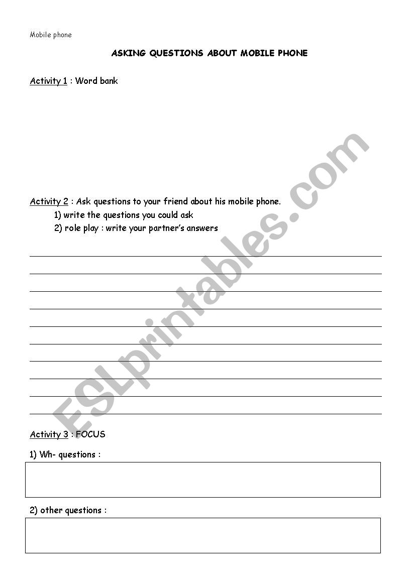 mobile phone worksheet