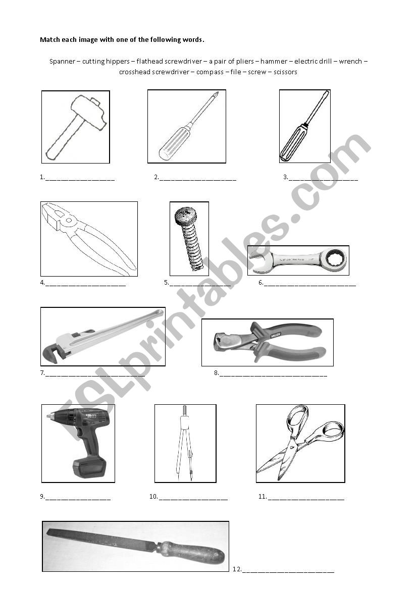 Mechanic Tools worksheet