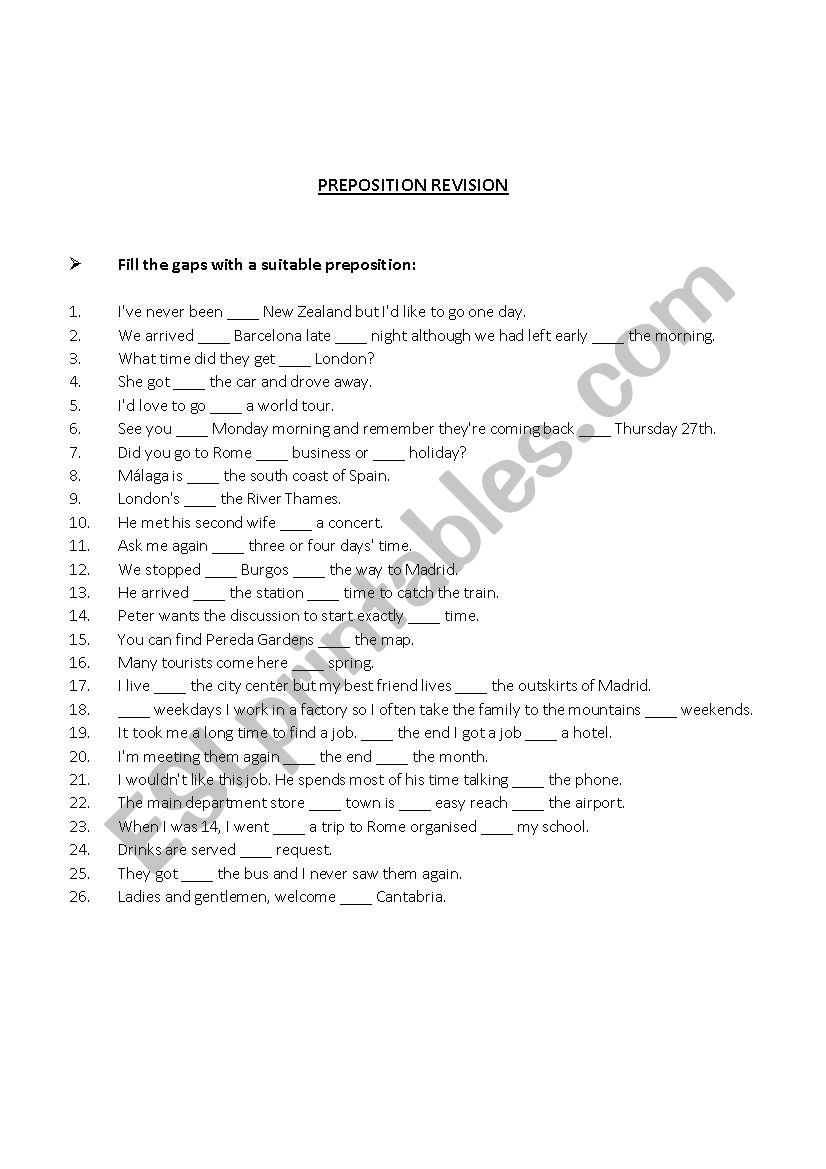 Preposition Revision worksheet