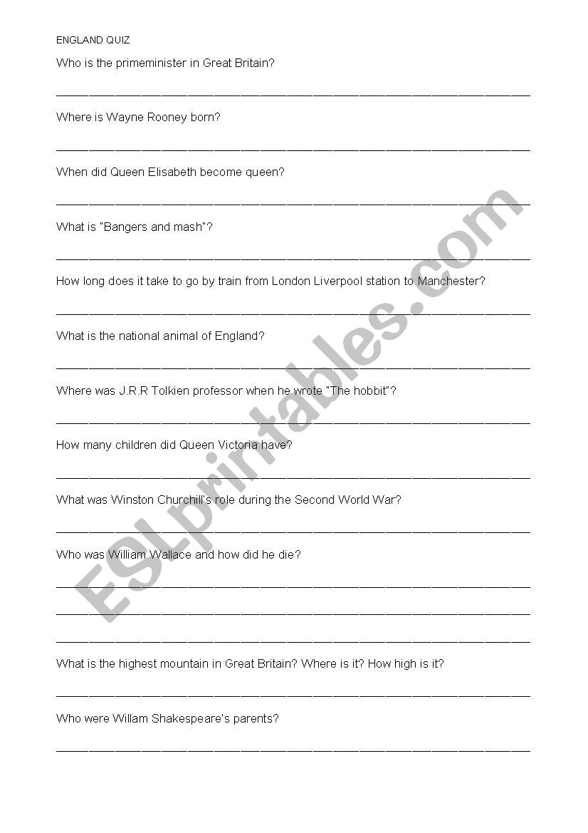 England facts quiz worksheet