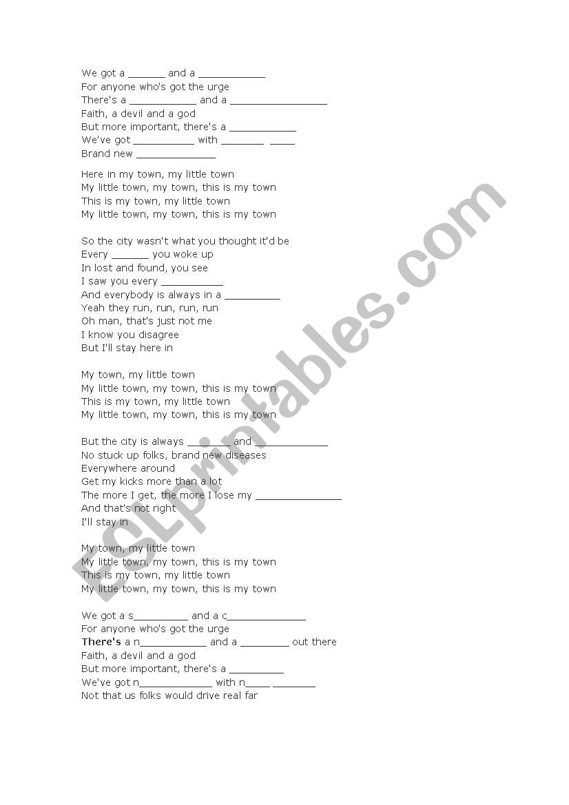 Around Town Song worksheet