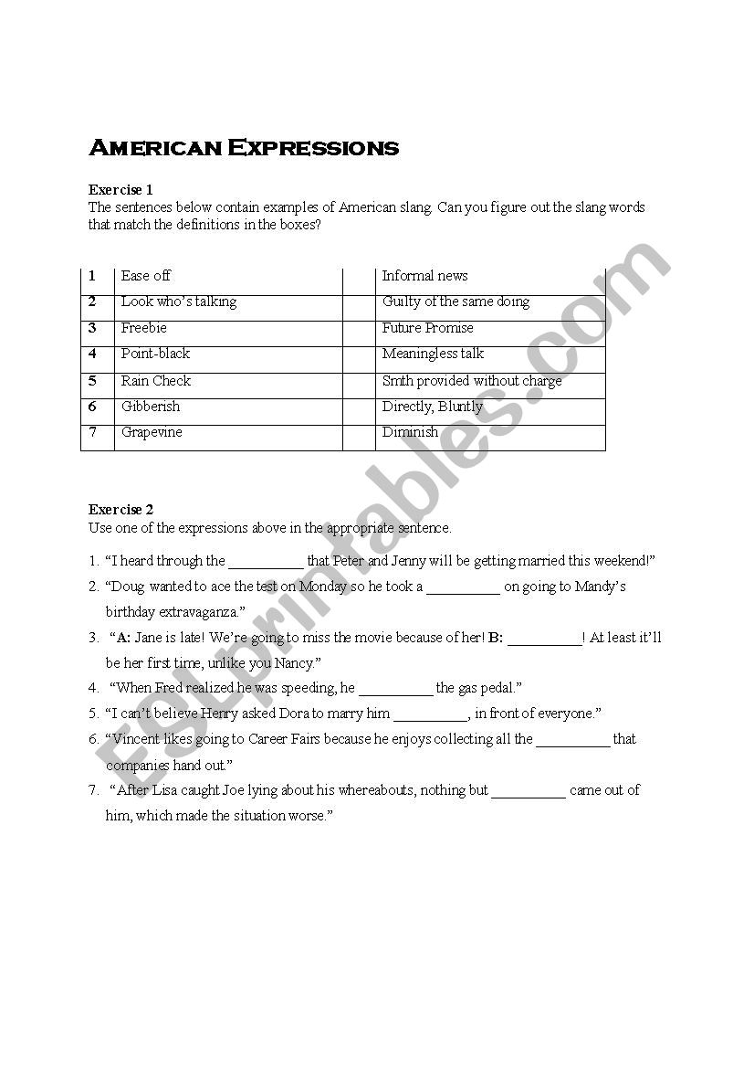 American Expressions/Slang - ESL worksheet by abojo