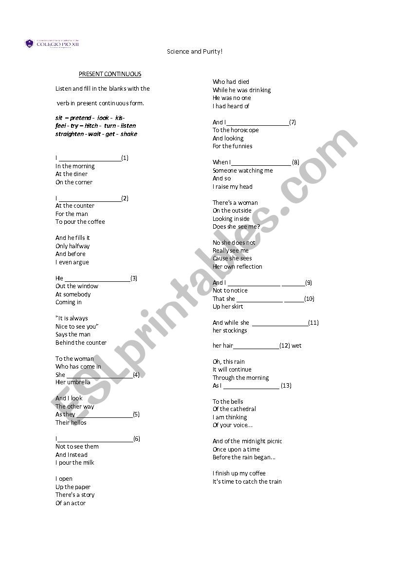 Present continous song worksheet