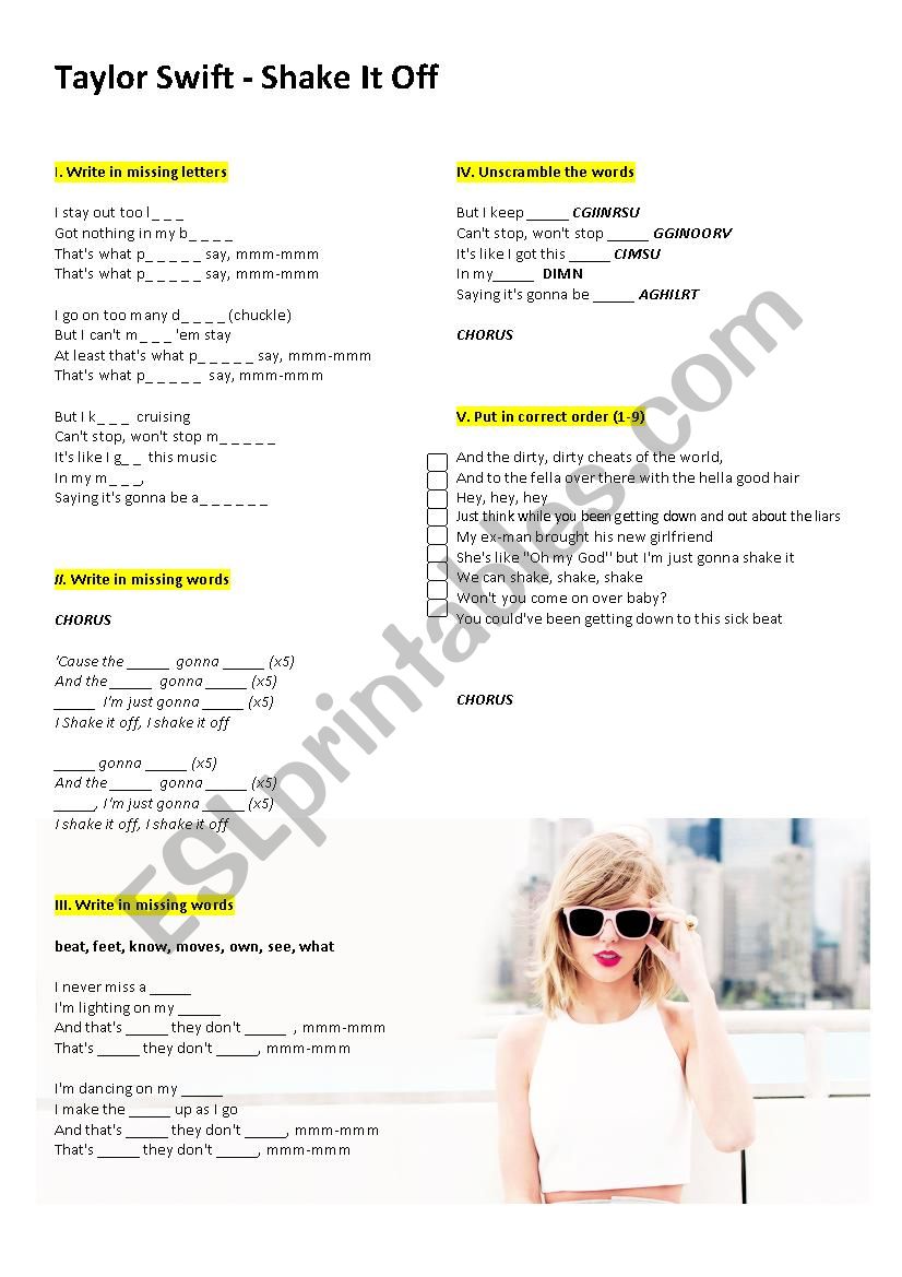 Taylor Swift Shake It Off Esl Worksheet By Pawag