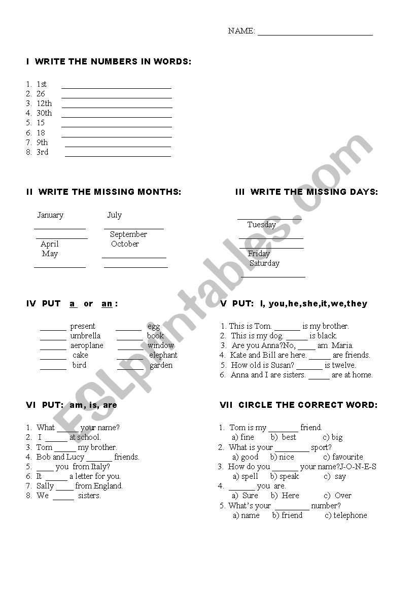 Test for the 5th grade worksheet