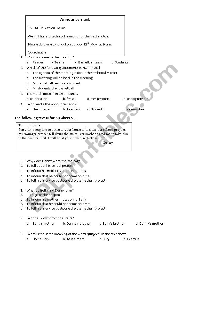 message and announcement  worksheet