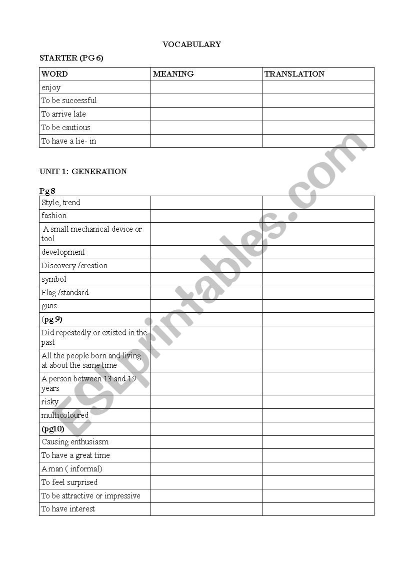 Starter Unit 1 worksheet