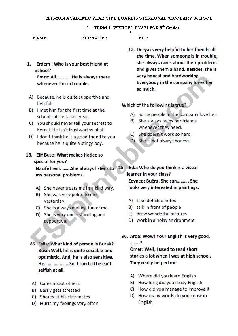 8 th grade test friendship worksheet