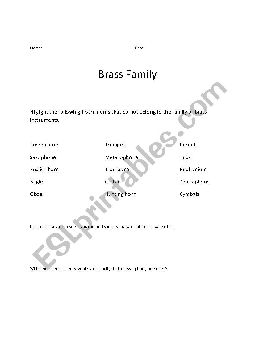 Brass Worksheet worksheet