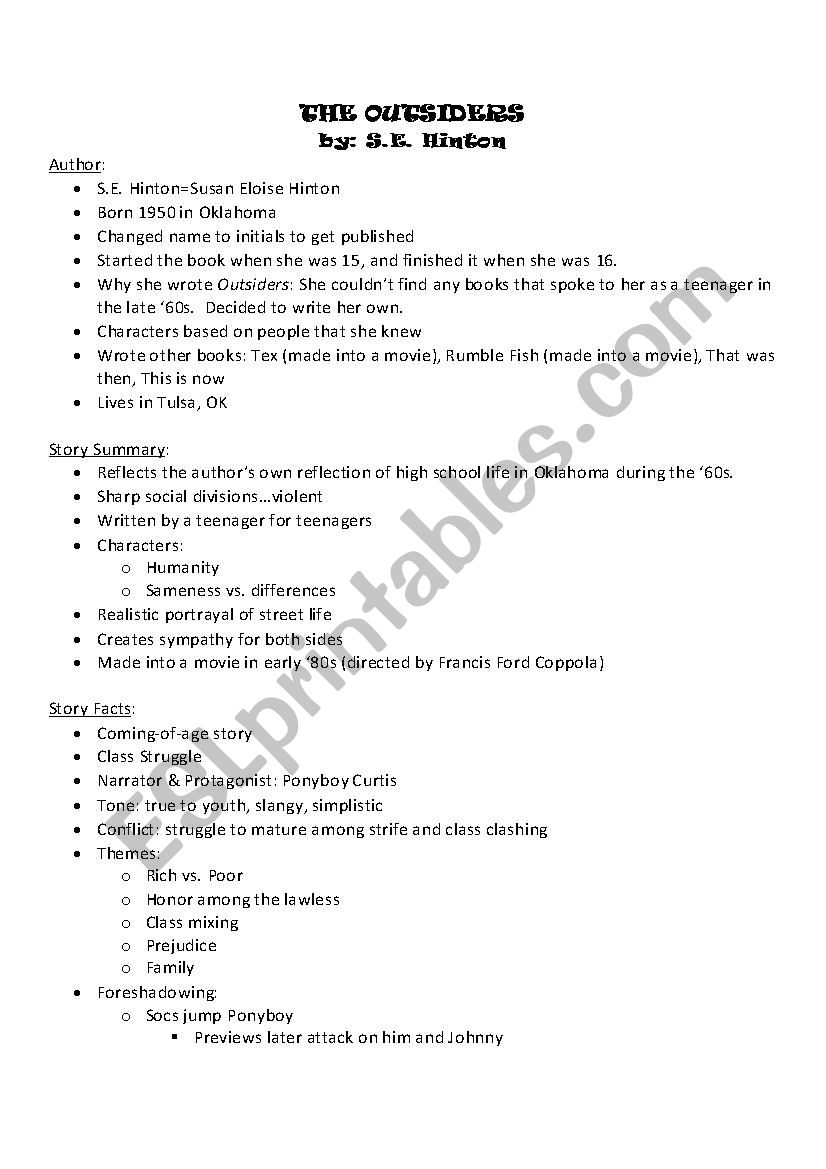 Outsiders Study guide worksheet