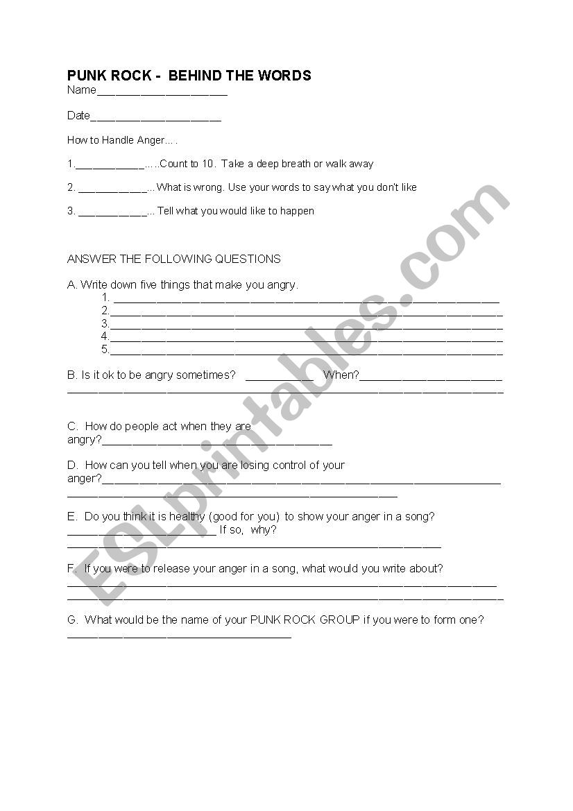 PUNK ROCK, Behind the Scenes worksheet