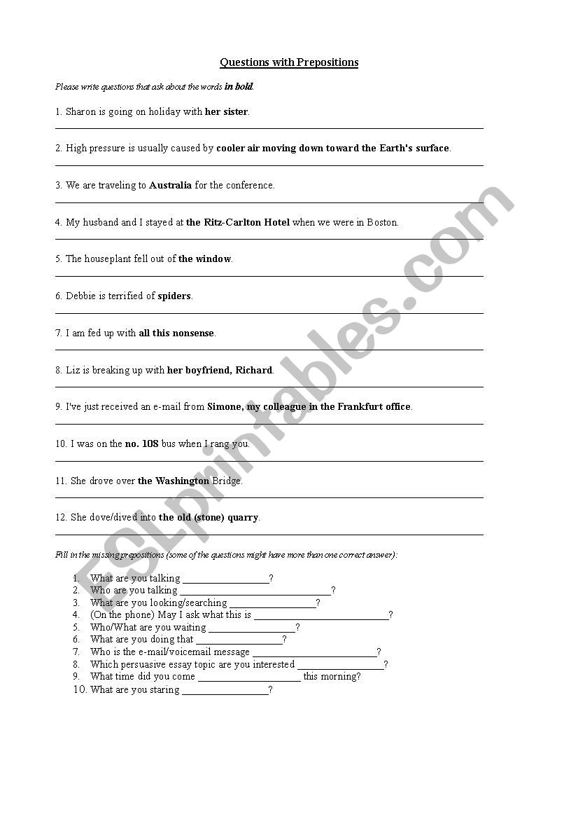 Questions with prepositions worksheet