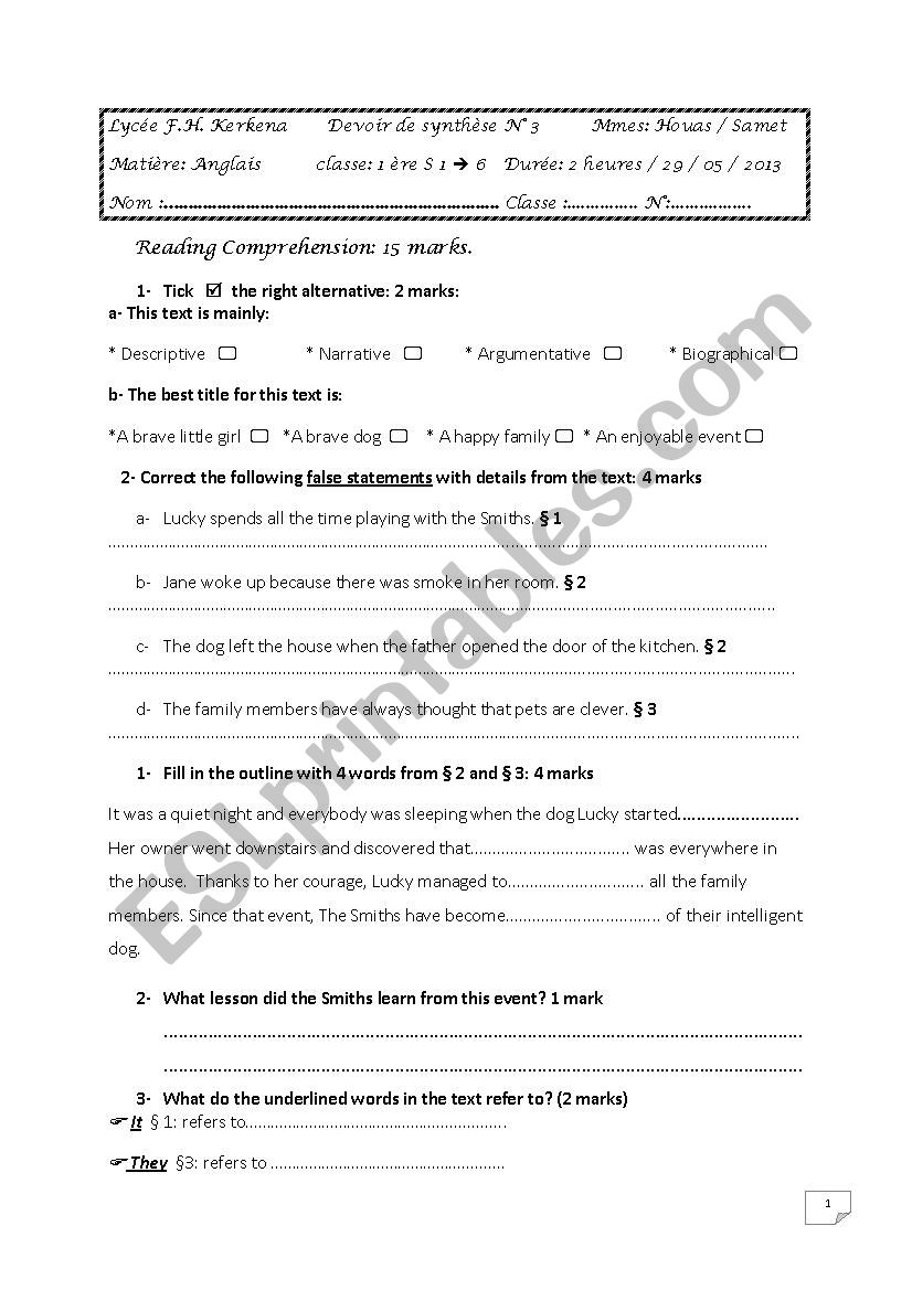 devoir de synthese n° 3 - ESL worksheet by lallouna