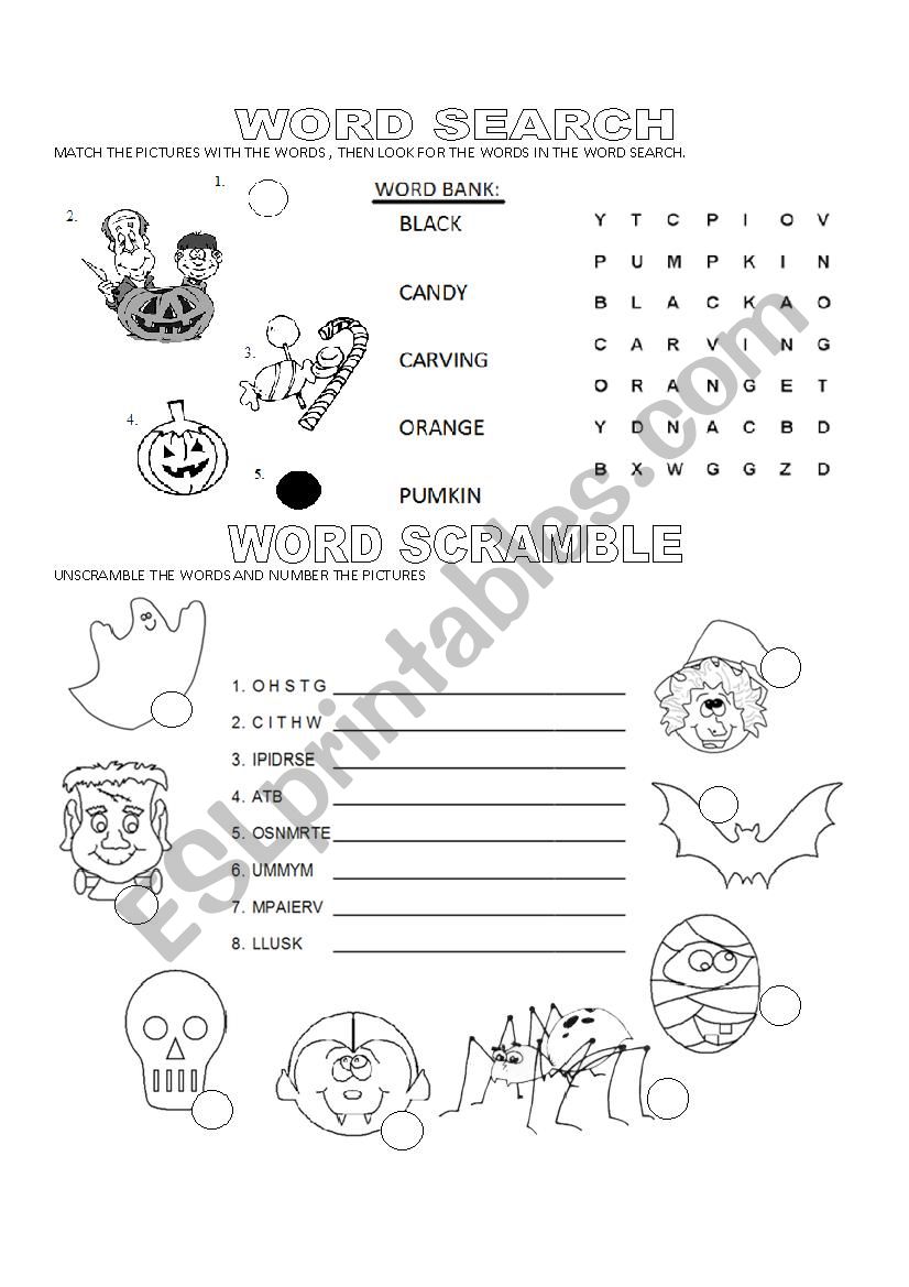 Halloween Word Match, Search & Scramble