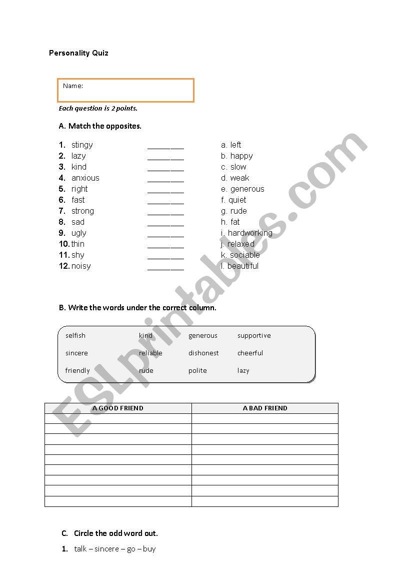 personality types worksheet