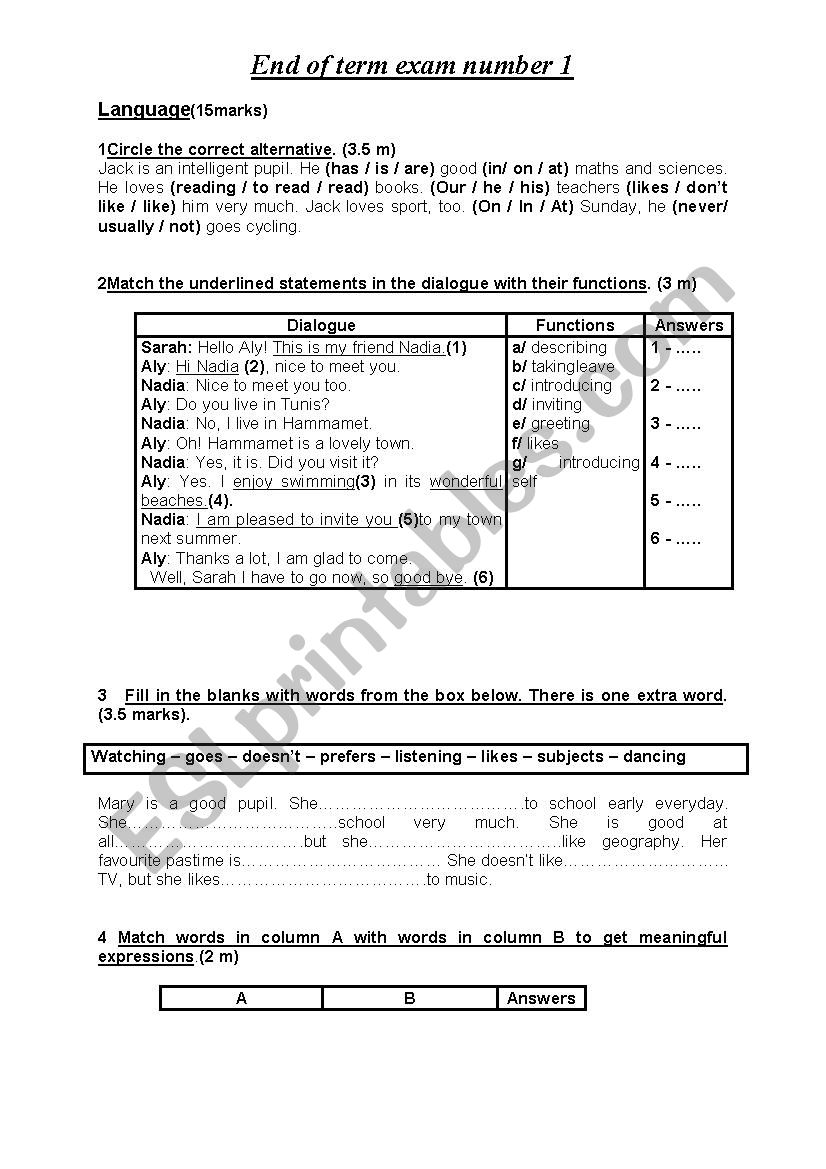 7th Form End Of Term Exam Number 1 - Esl Worksheet By Fawwar