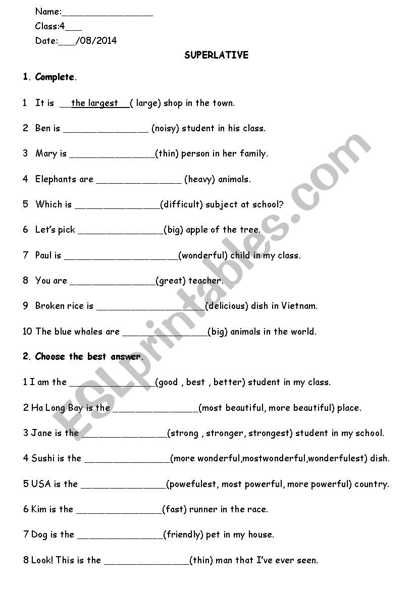 Superlative worksheet