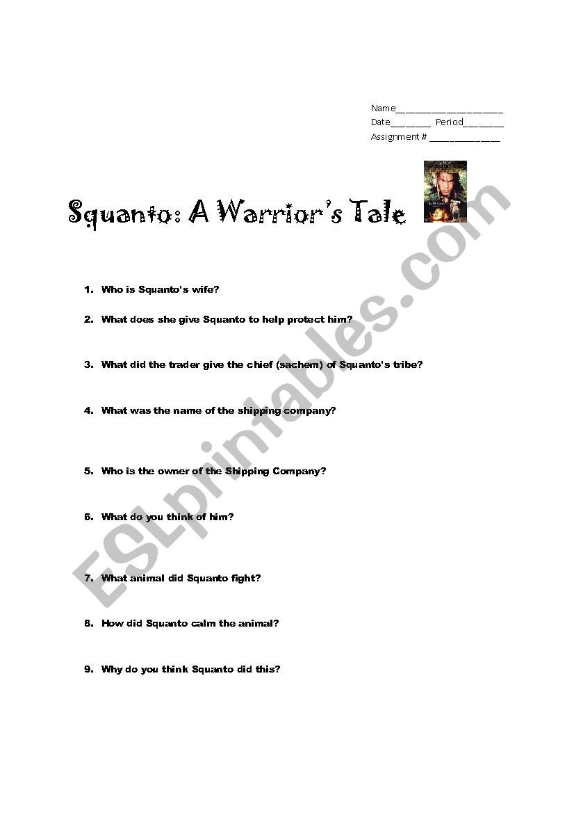 Squanto: A Warriors Tale worksheet