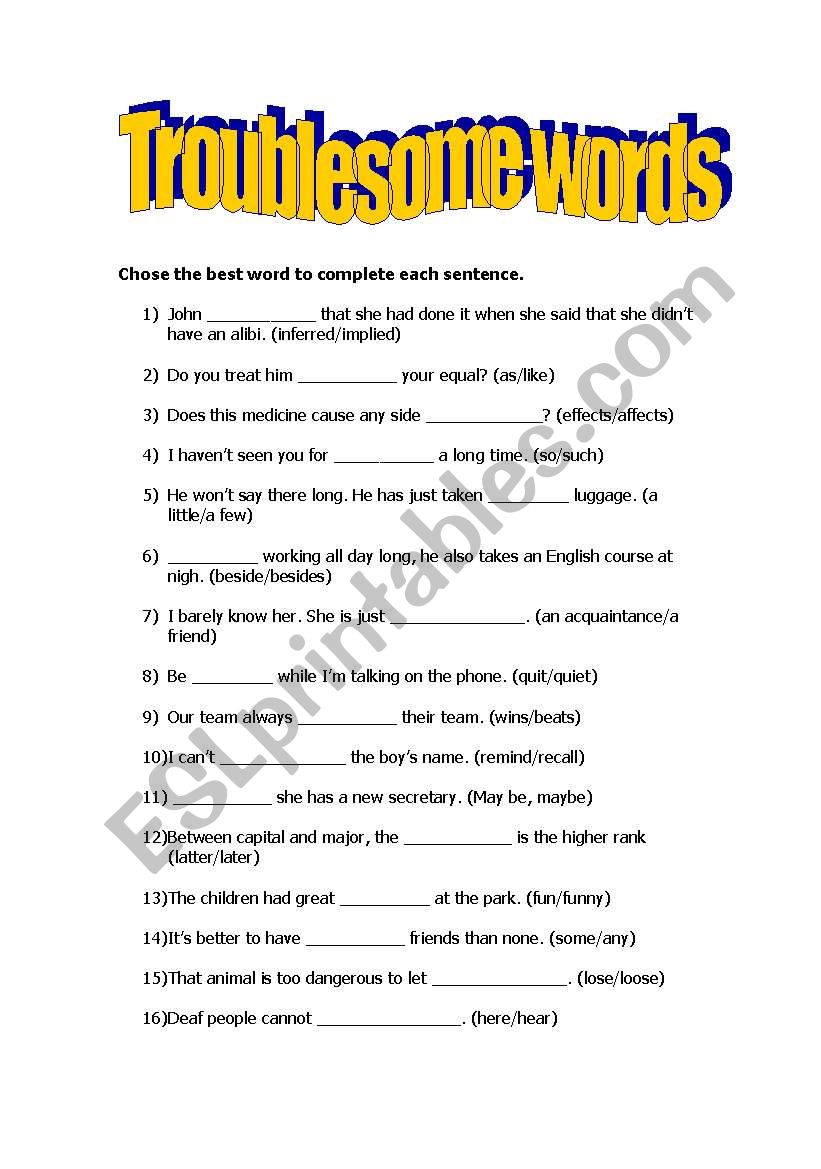 Troublesome Words ESL Worksheet By Lizgc7