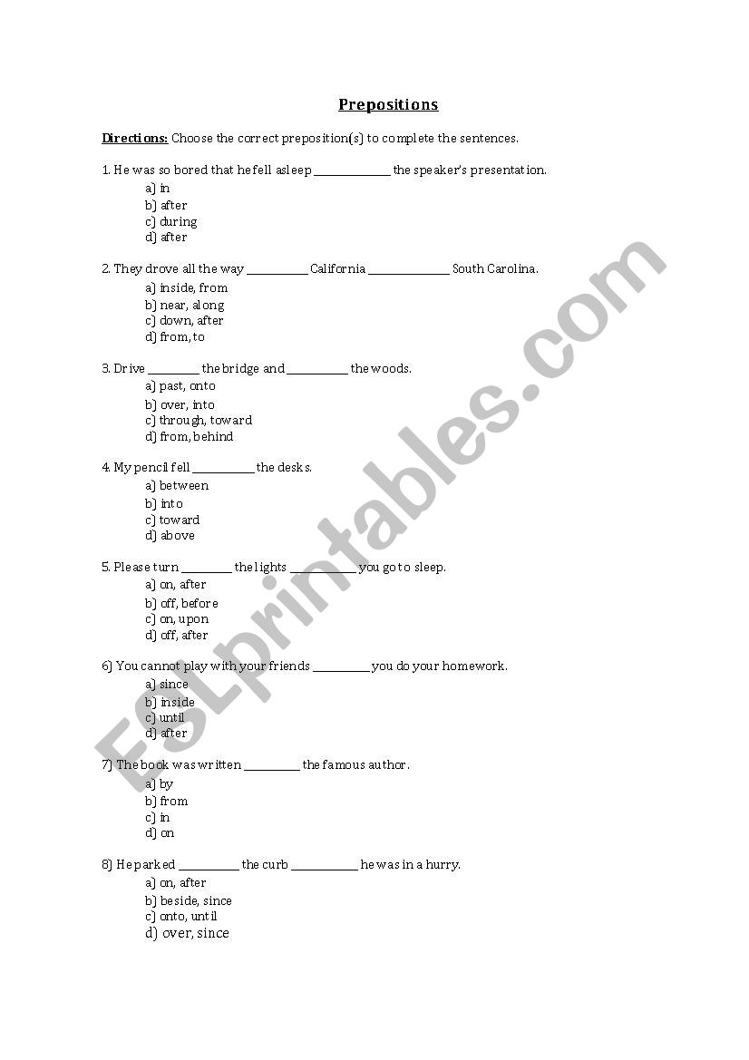 Preposition Worksheet worksheet