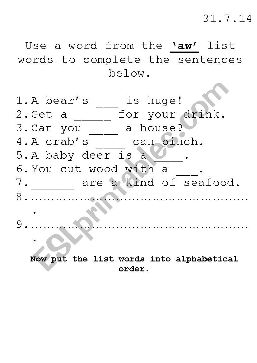 Phonics gap fill sentences worksheet with aw words