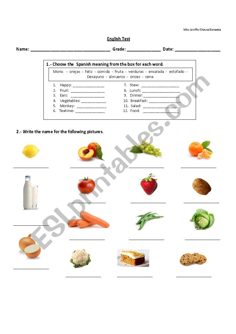 Food Test worksheet