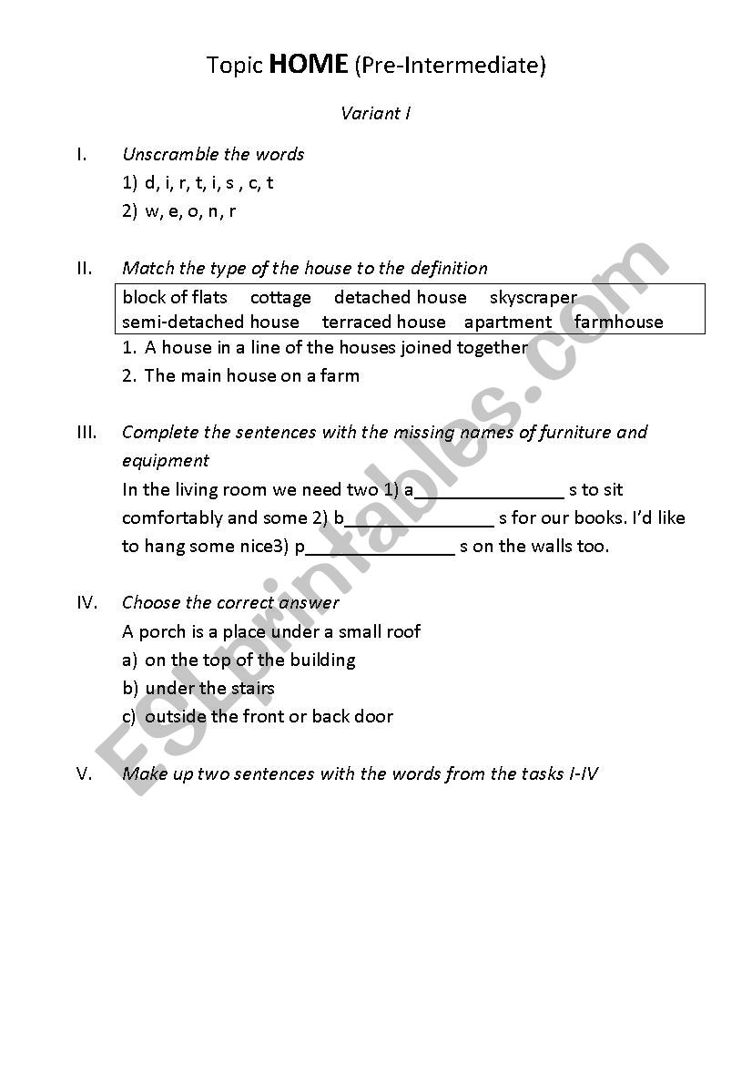 Home (vocabulary test) worksheet