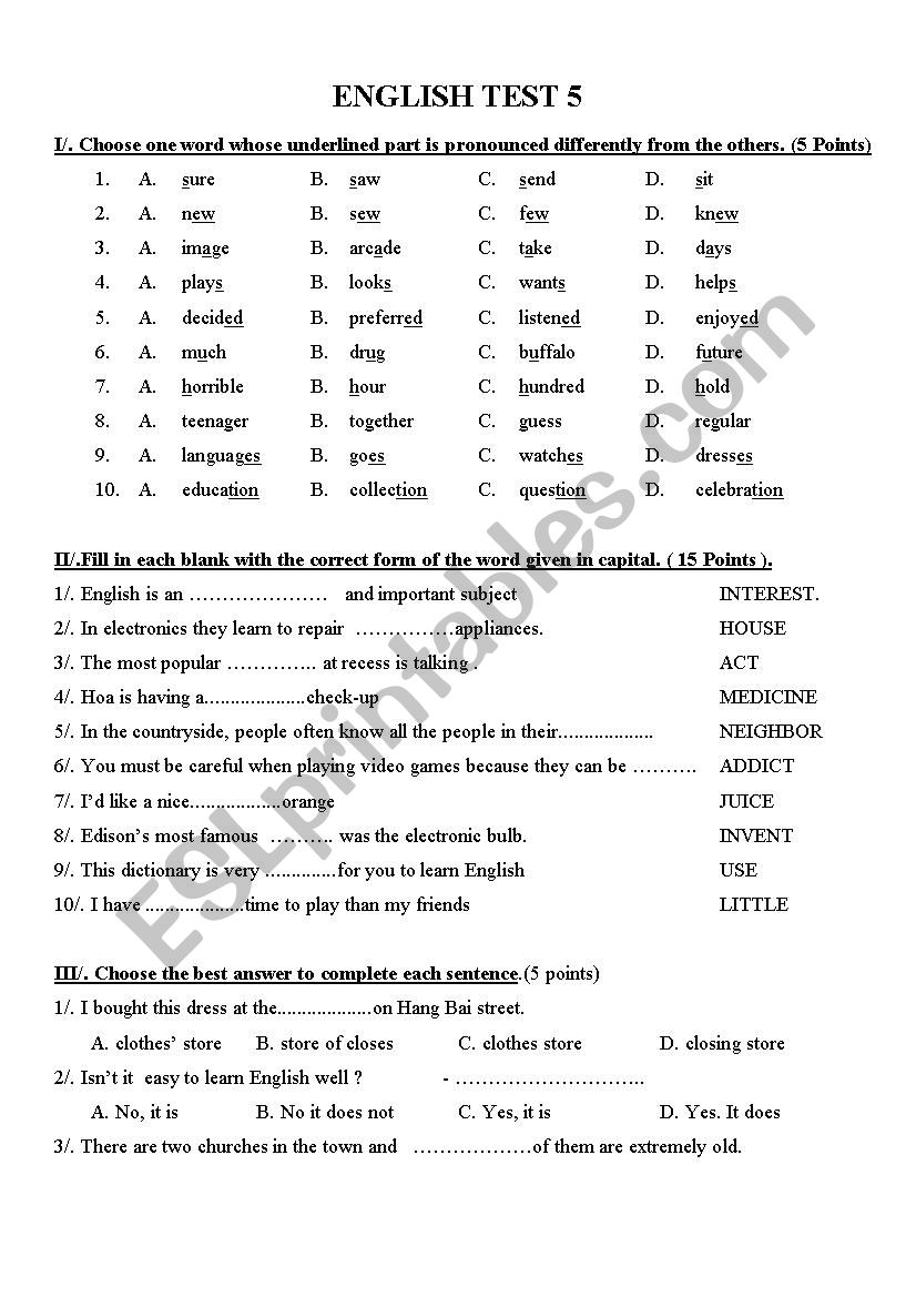 english test grade 7 esl worksheet by khanhvyngocngan