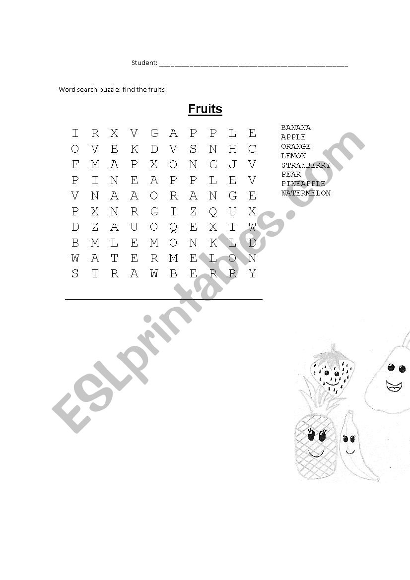 Fruits: word search puzzle worksheet