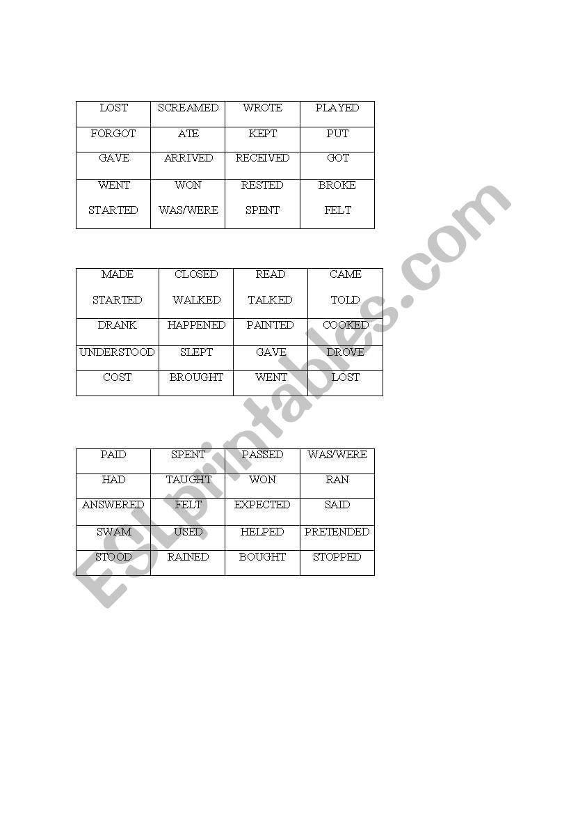 Regular/irregular verbs bingo worksheet