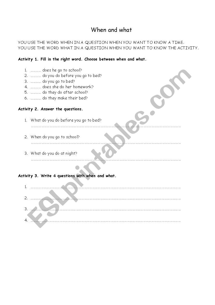 When and What worksheet worksheet