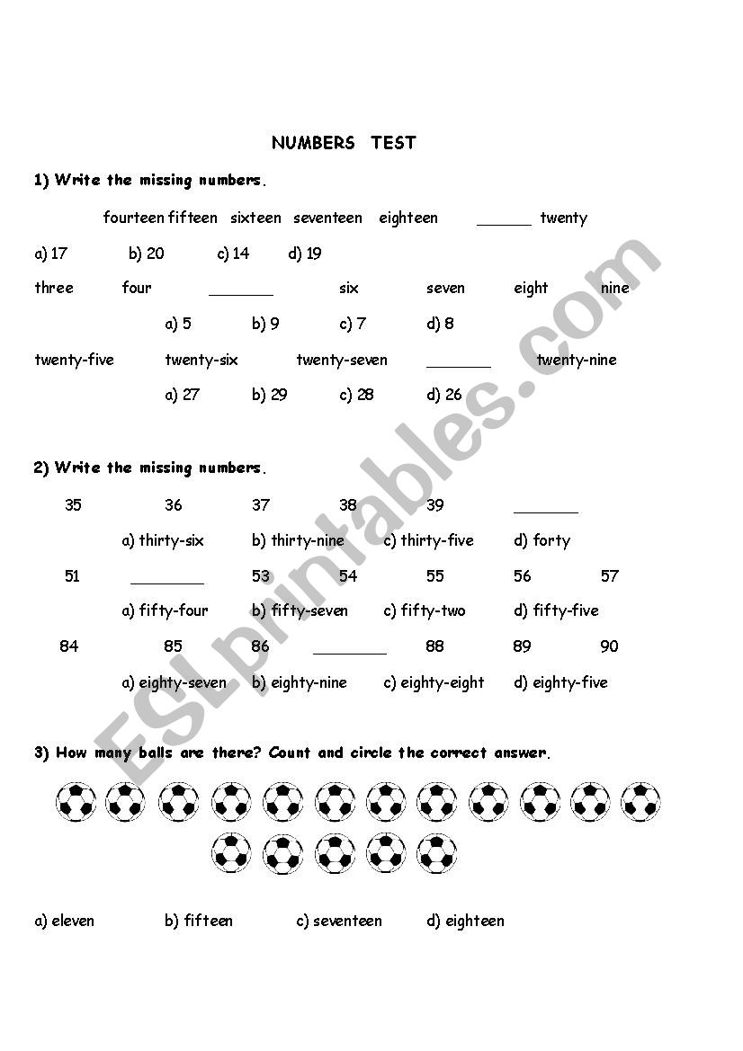 NUMBERS TEST FOR YOUNG LEARNERS