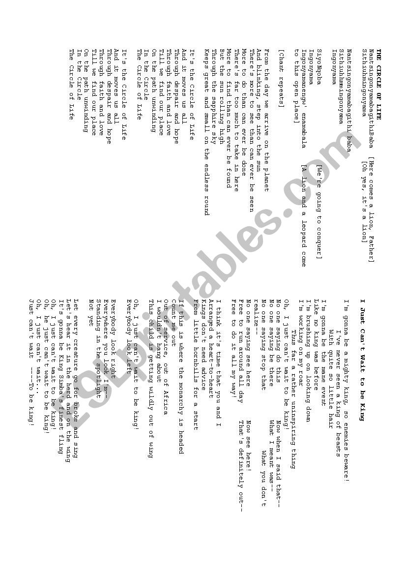 The Lion King Lyrics Esl Worksheet By Calezul