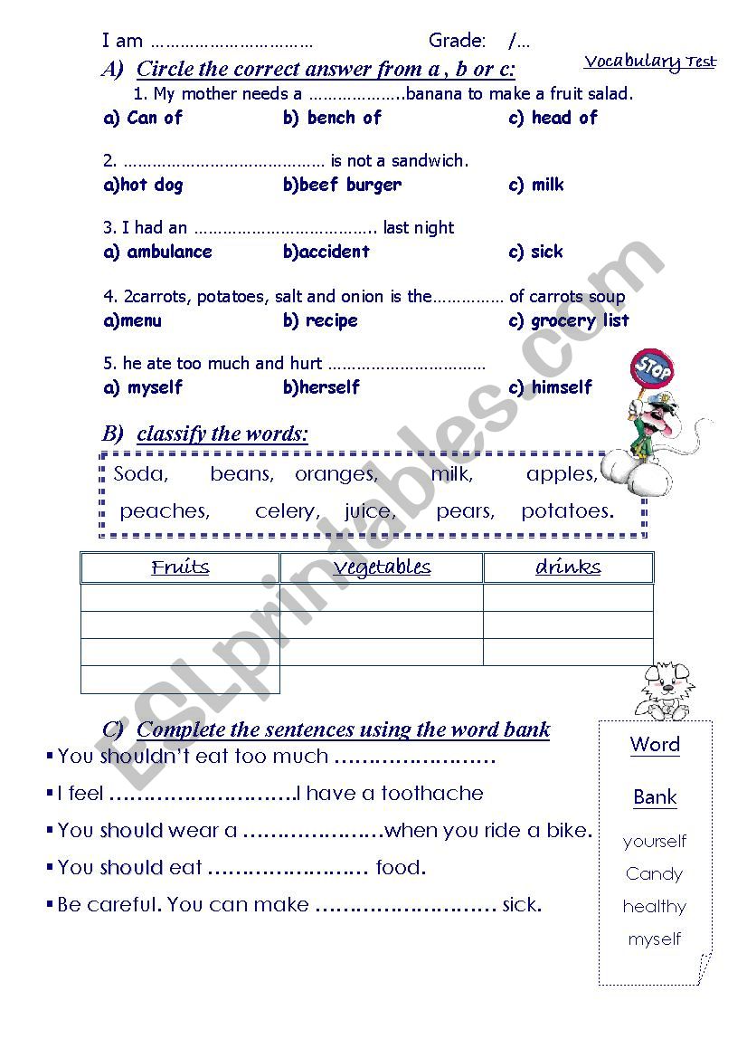 Vocabulary Test worksheet