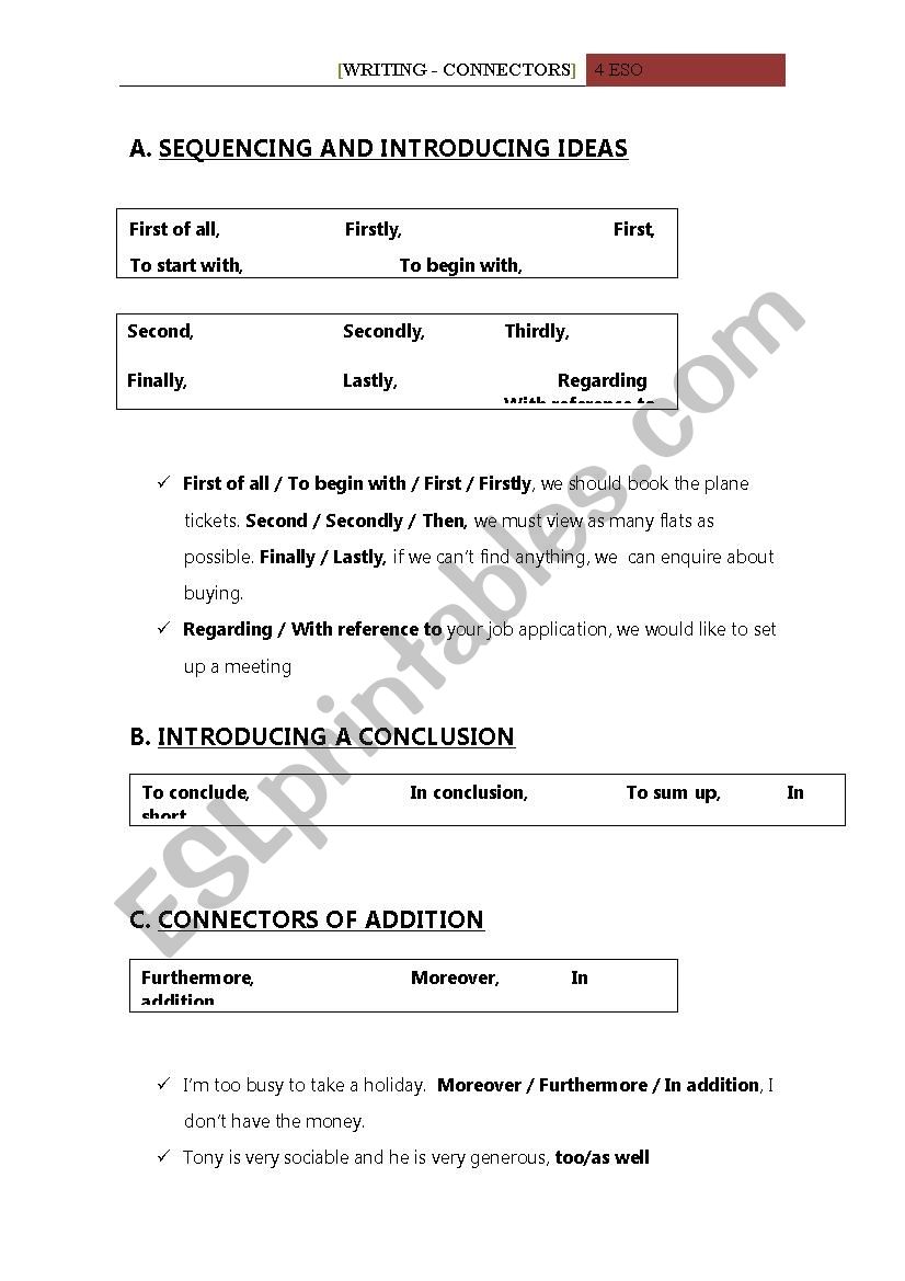 List of connectors worksheet