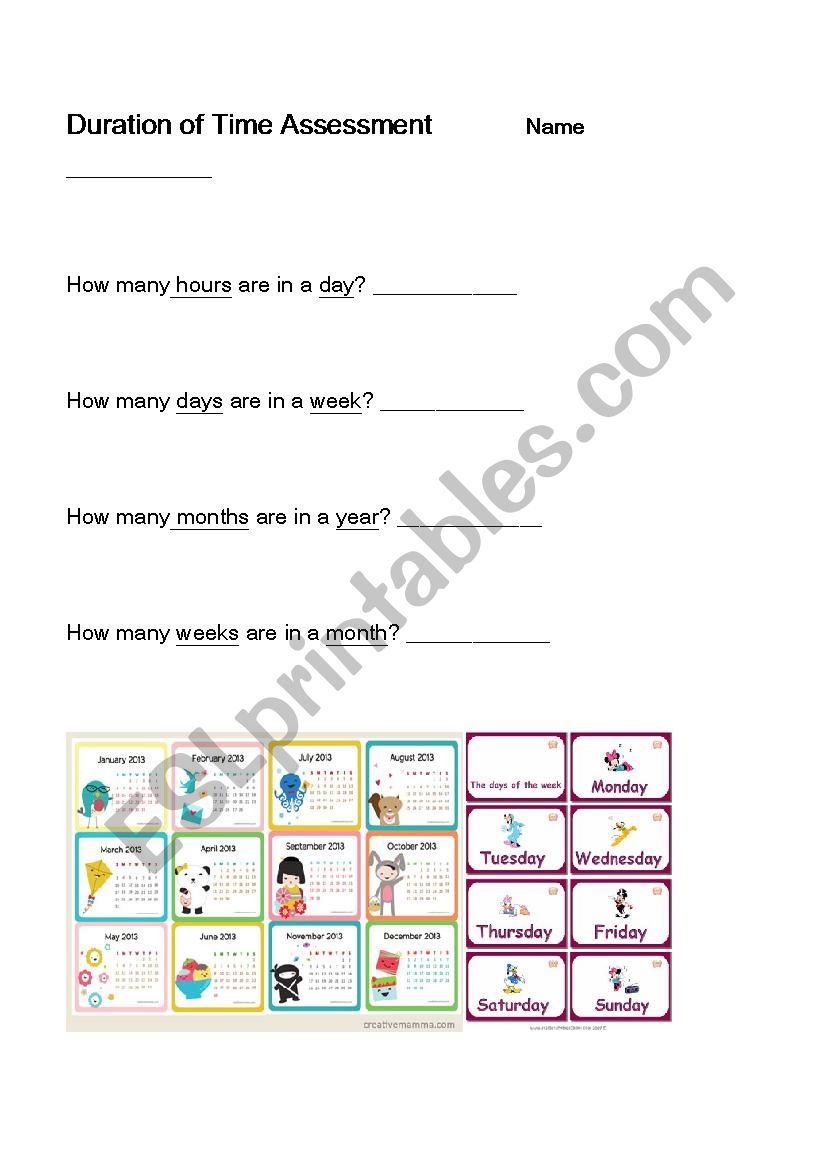 Duration of Time Assessment	 worksheet