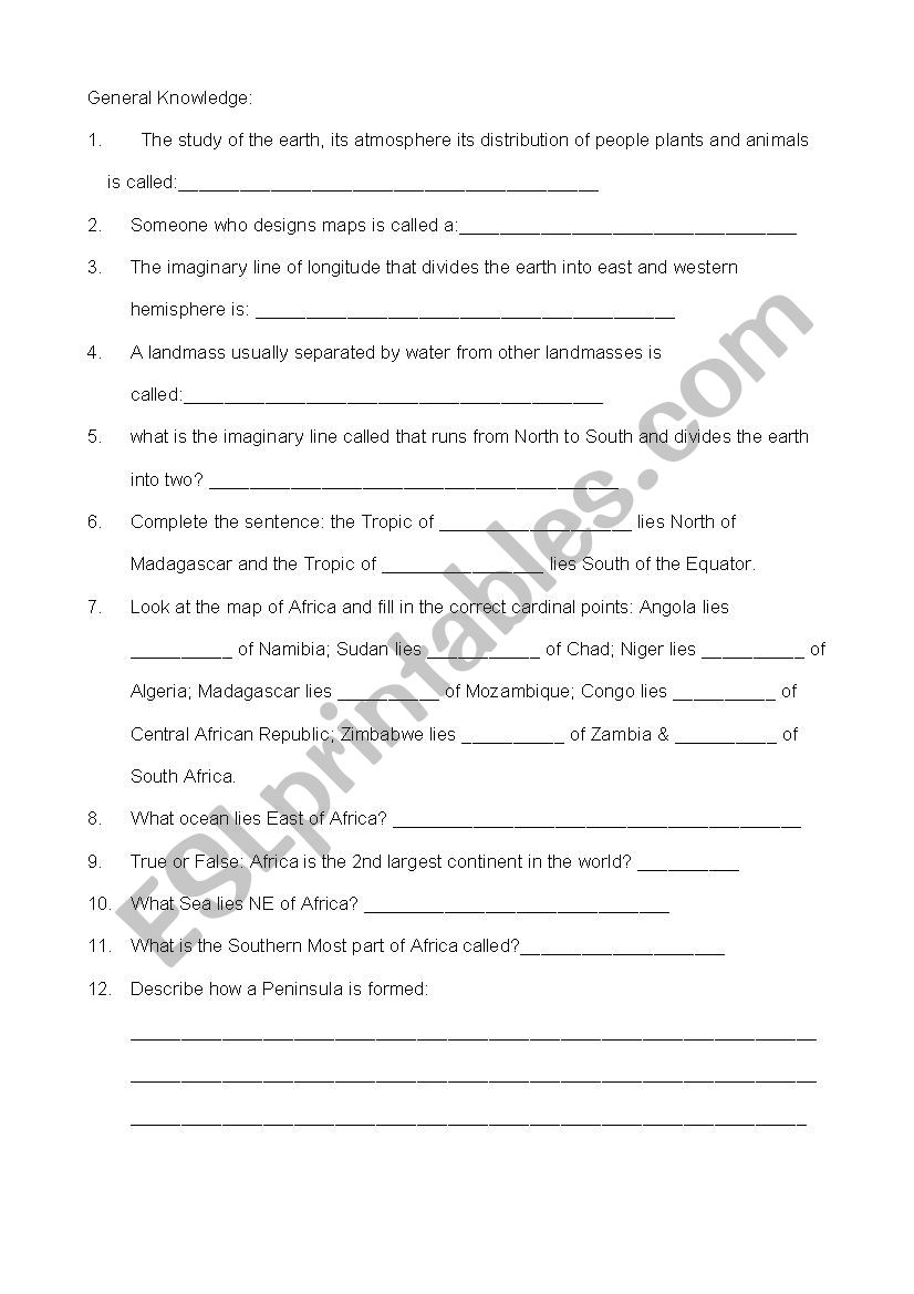 Social Science Test Grade 6 worksheet