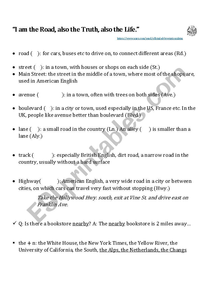 Roads worksheet