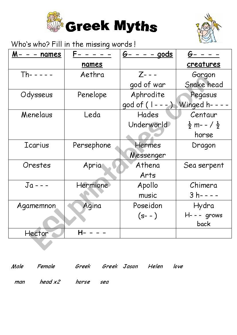Greek Myths Who´s Who Esl Worksheet By Waily 5688