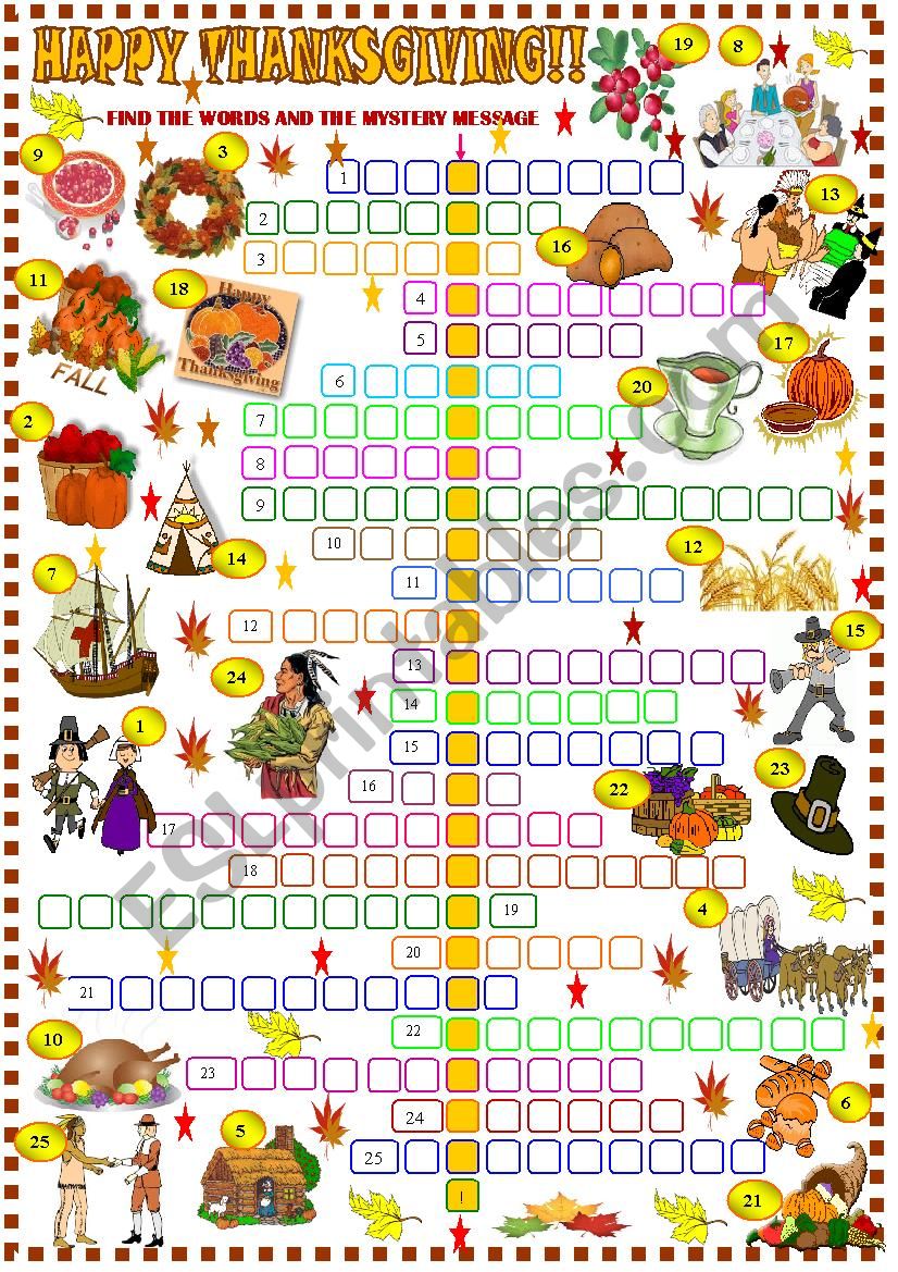 Thanksgiving Crossword Puzzle ESL Worksheet By Spied d aignel