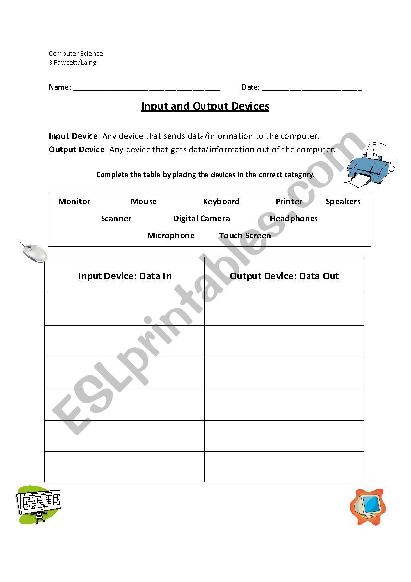 Input, Output, & Processing worksheet