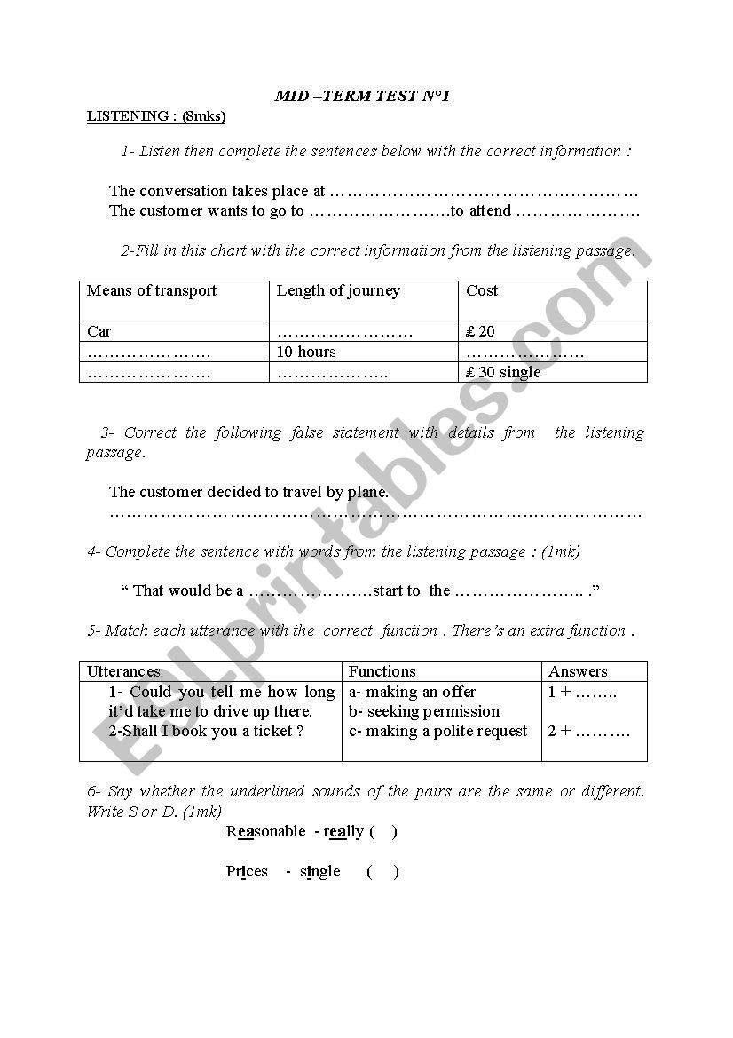 MID TERM TEST 1 - 4TH FORM worksheet