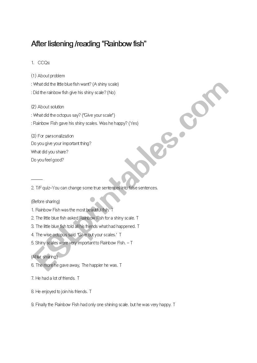 Rainbowfish(CCQ, TF quiz)  worksheet
