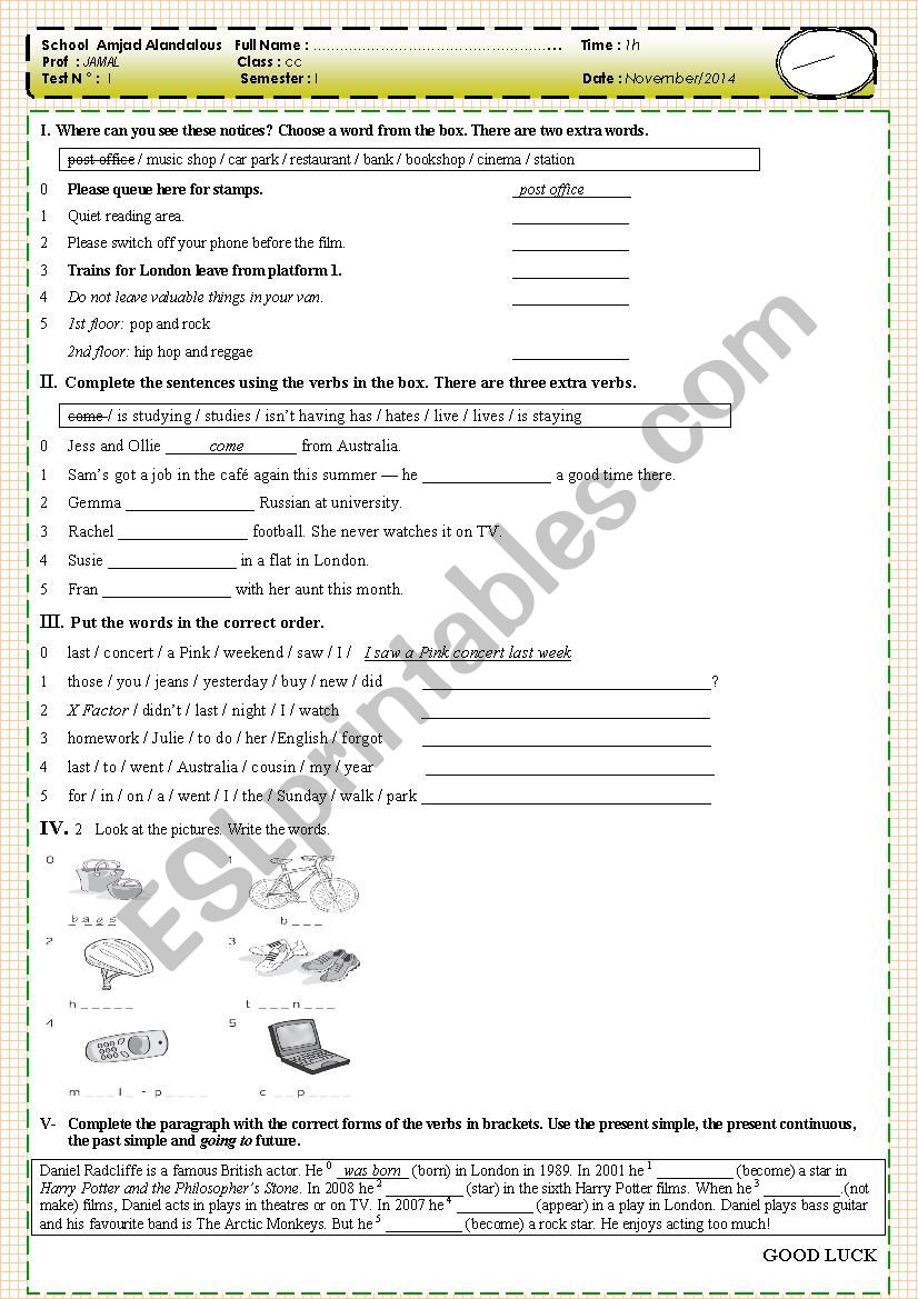 test worksheet