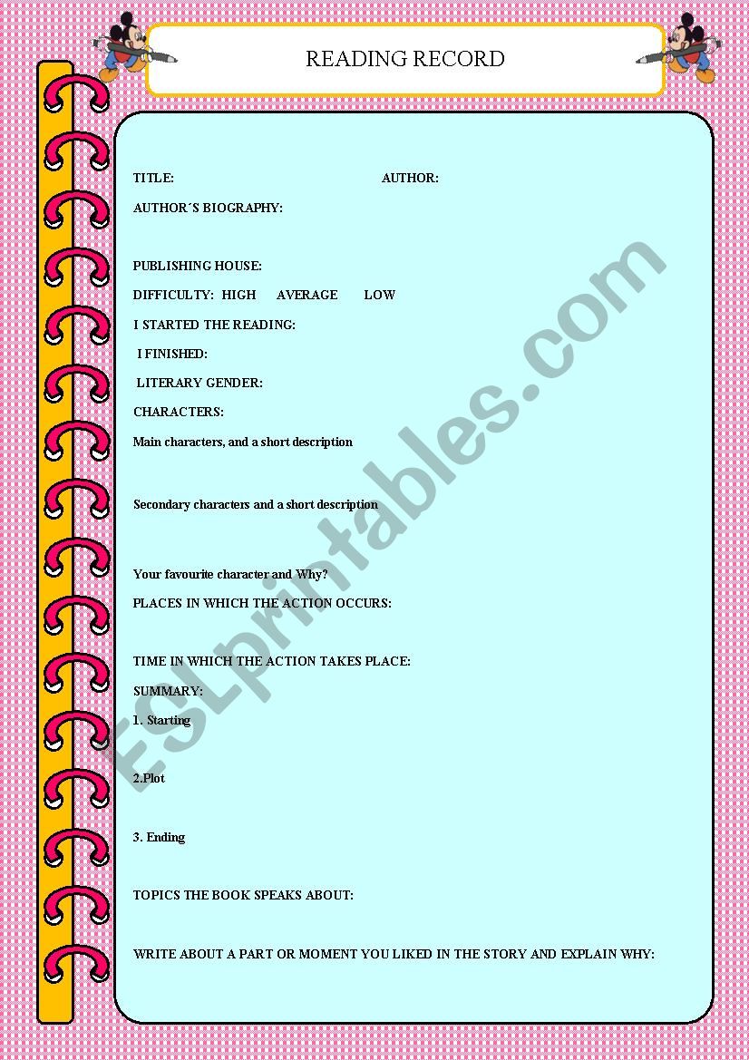 READING RECORD worksheet