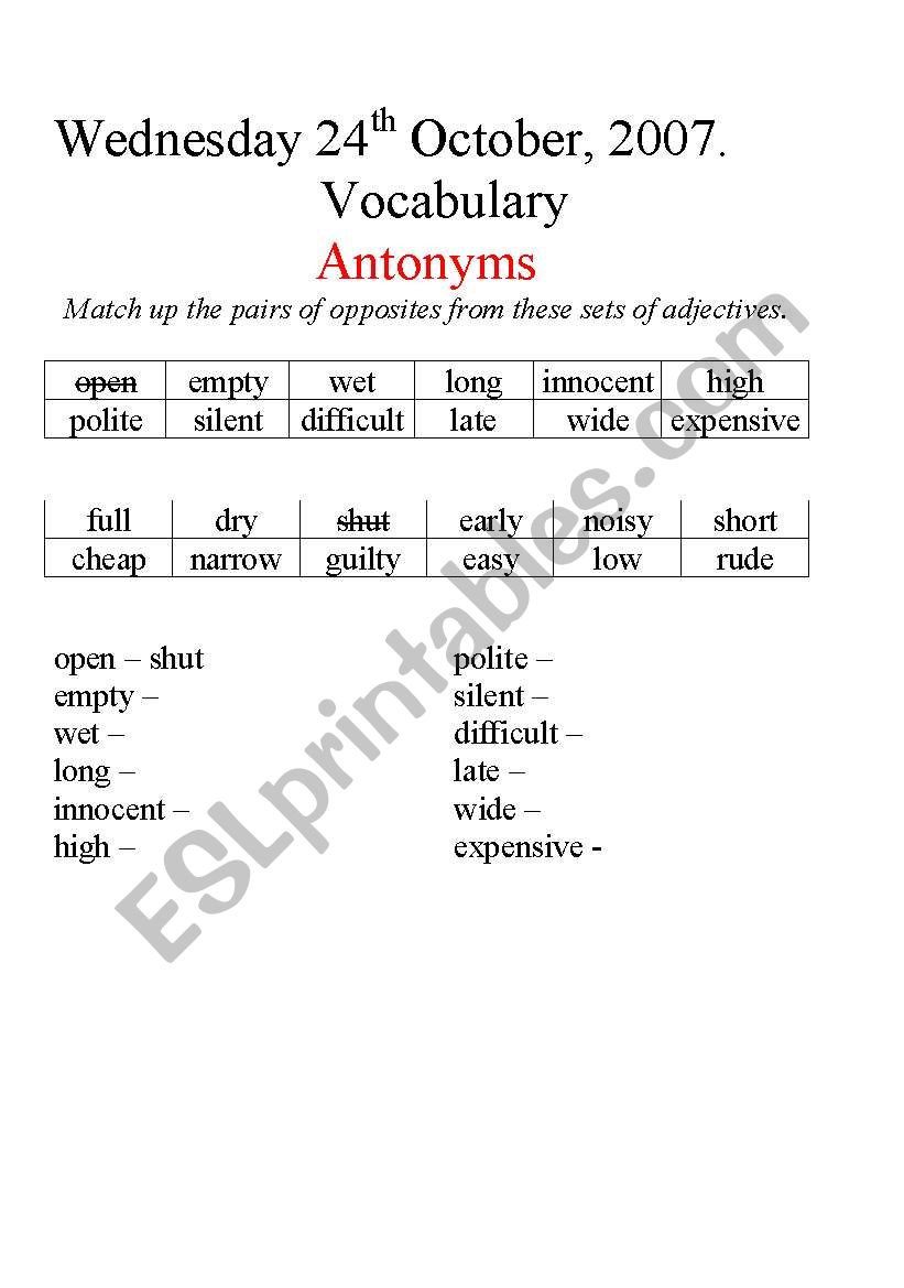 Antonyms worksheet