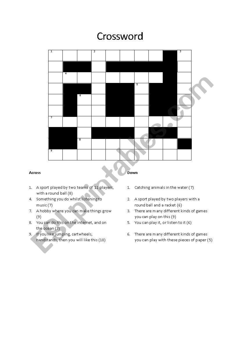 Hobbies crossword worksheet