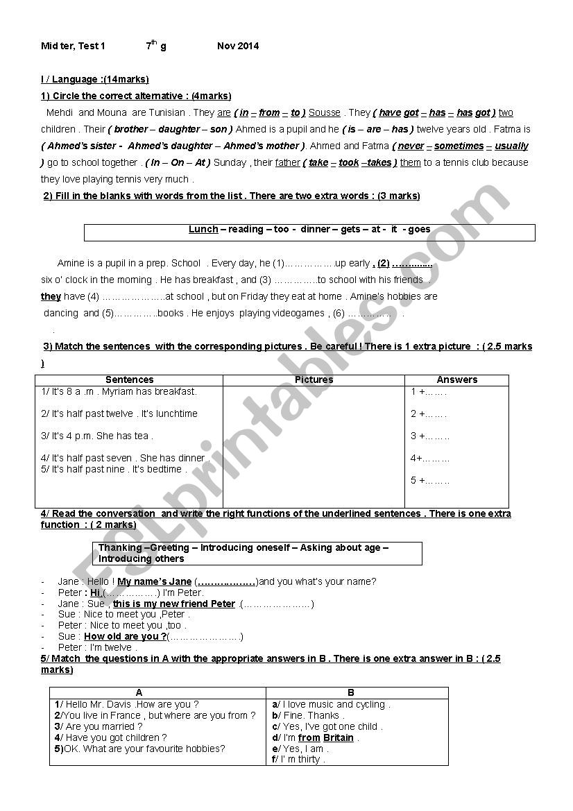 Mid term Test 1   7th g worksheet