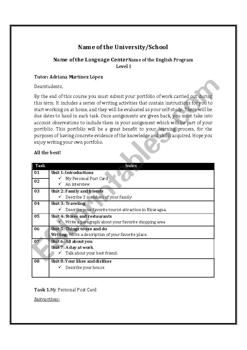 My First Porfolio worksheet