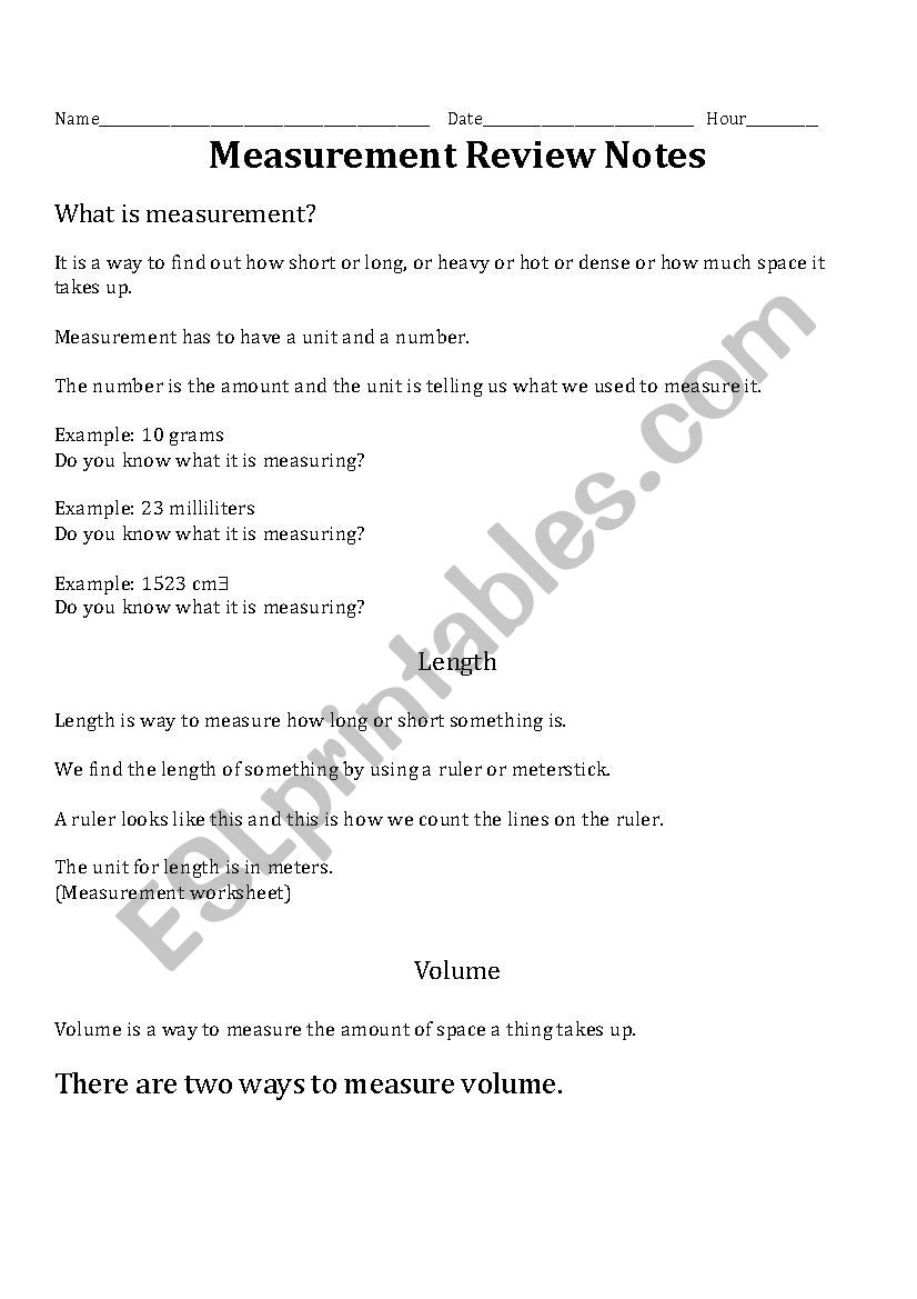 Measurement review notes worksheet